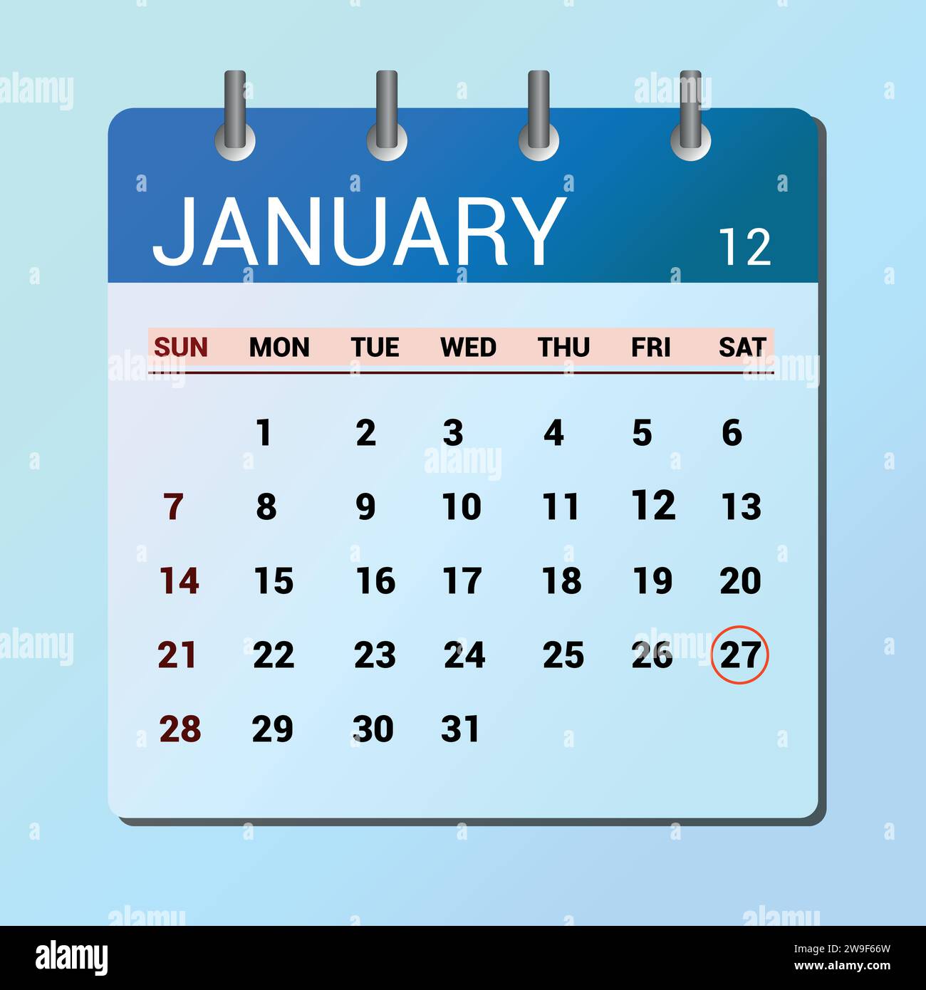 Januar 27. Kalender mit flachen Symbolen auf blauem Hintergrund isoliert. Vektorillustration für Datum und Monat Stock Vektor