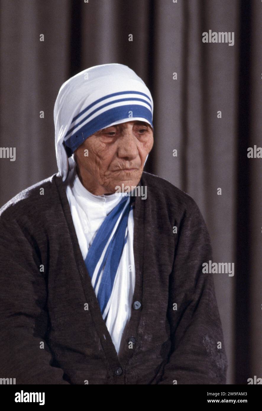 Mutter Teresa, Maria Teresa Bojaxhiu (Anjezë Gonxhe Bojaxhiu, 1910–1997), Mutter Teresa, Albanisch-indische katholische Nonne und Gründerin der Missionare der Liebe. Stockfoto