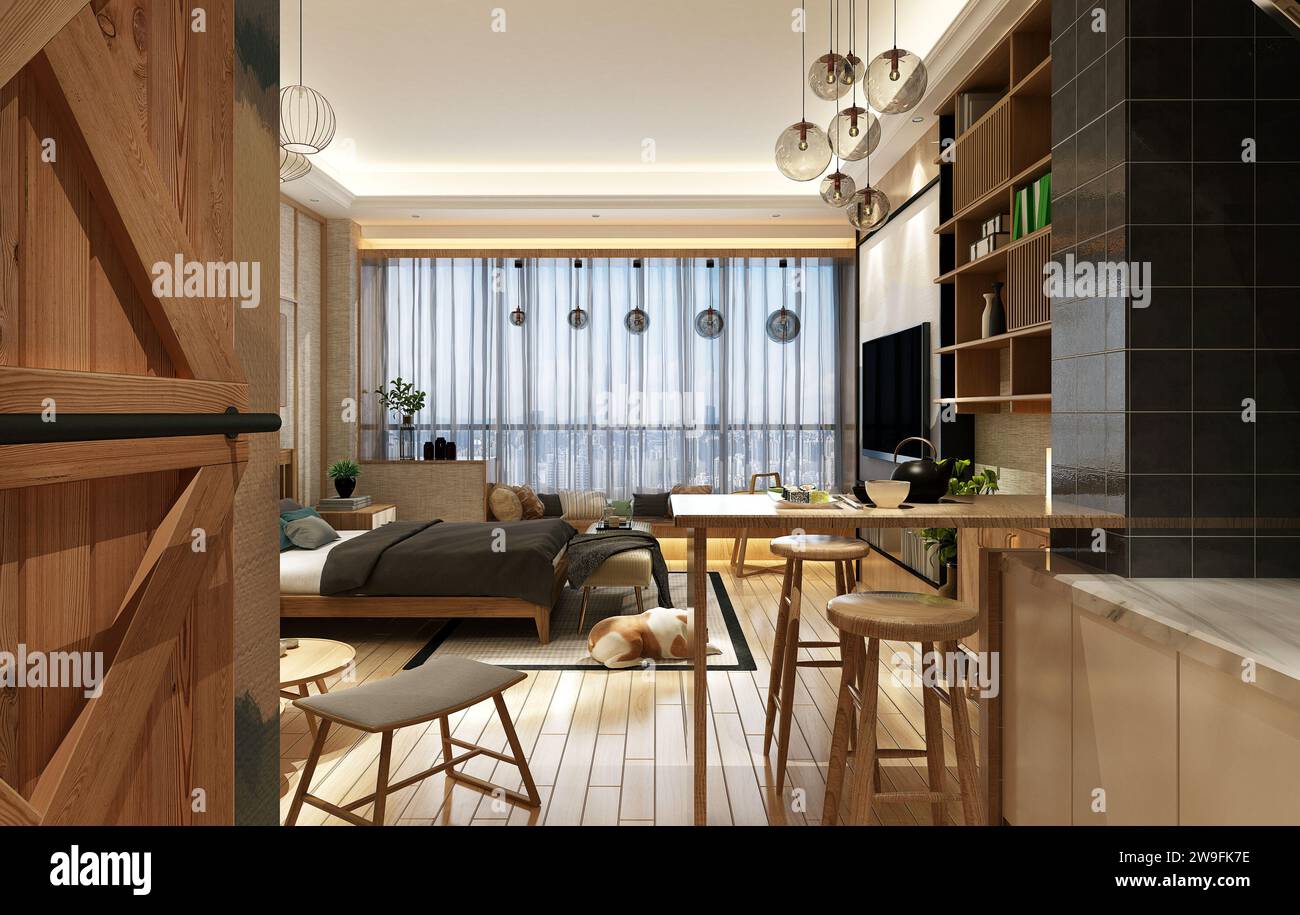 3D-Rendering des Innenraums der Loft-Wohnung Stockfoto