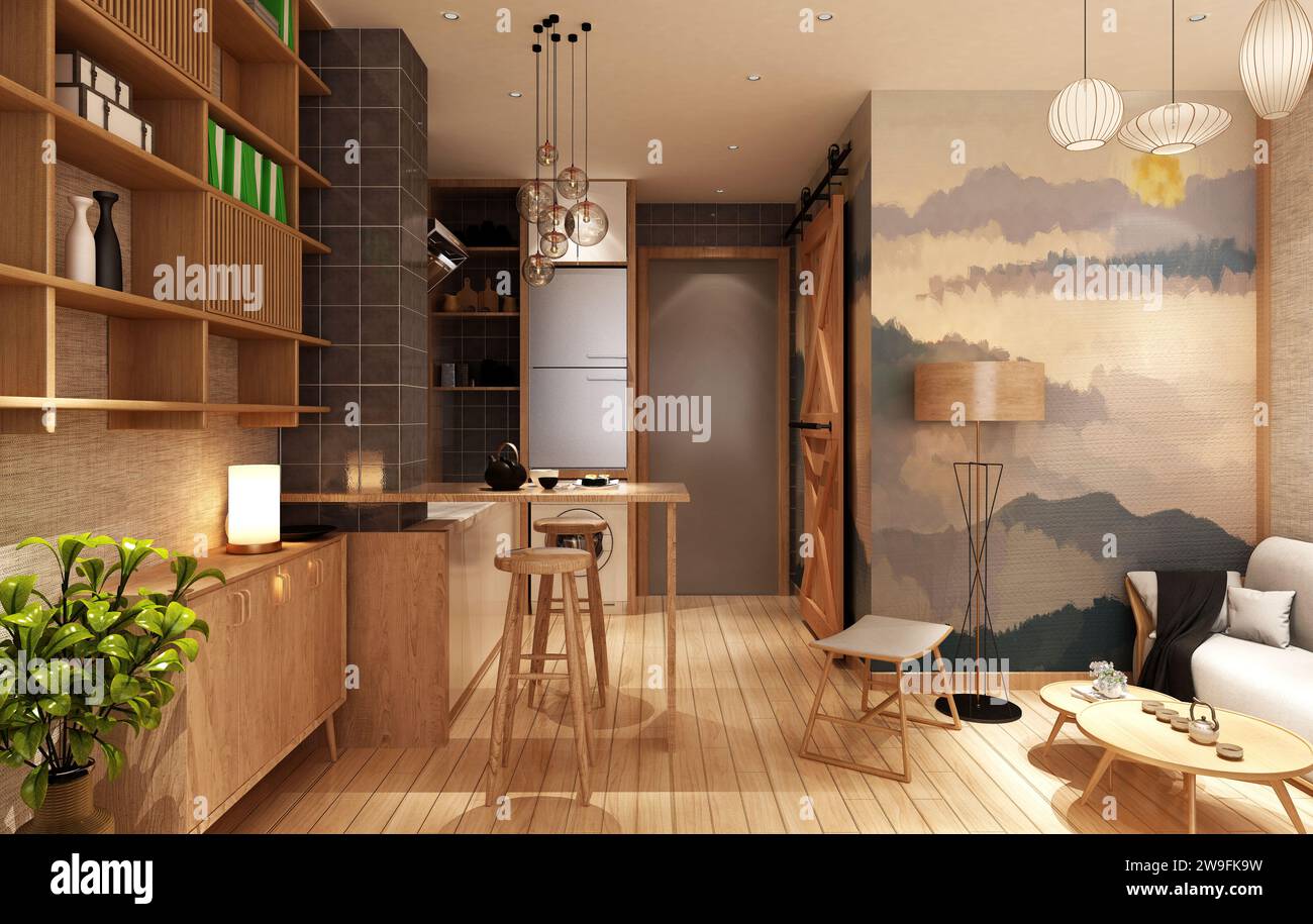 3D-Rendering des Innenraums der Loft-Wohnung Stockfoto