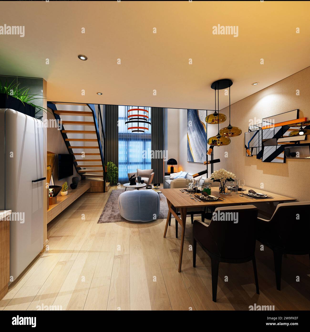 3D-Rendering des Innenraums der Loft-Wohnung Stockfoto