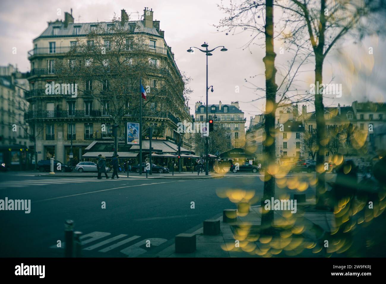 Boulevard St Germain mit Café Les Deux Magots im Hintergrund, Paris, Frankreich; durch Weihnachtslichter fotografiert. Stockfoto