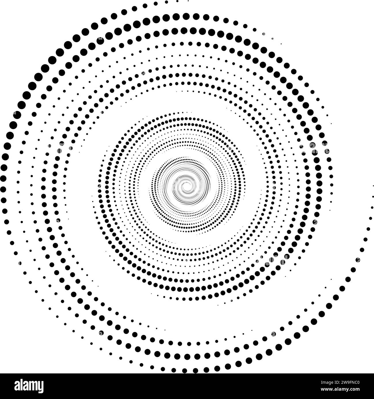 Gepunktete Spirallinien. Radiale sich drehende Halbtonform. Kreisförmige Drallpunkte. Abstraktes geometrisches Rad für Poster, Banner, Logo, Symbol, Collage, Präsentation, Broschüre. Vektoroptik Stock Vektor