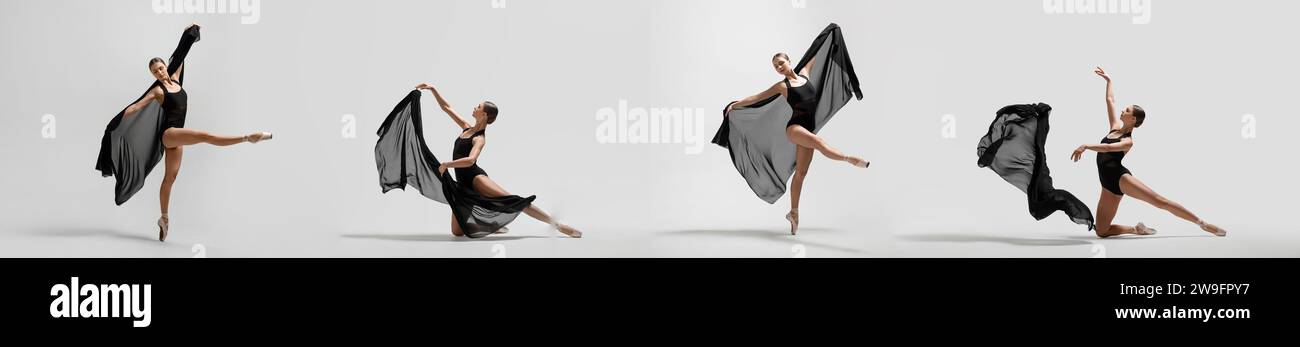 Ballerina mit schwarzem Schleier, die Tanzbewegungen auf weißem Hintergrund übt, Fotoset Stockfoto