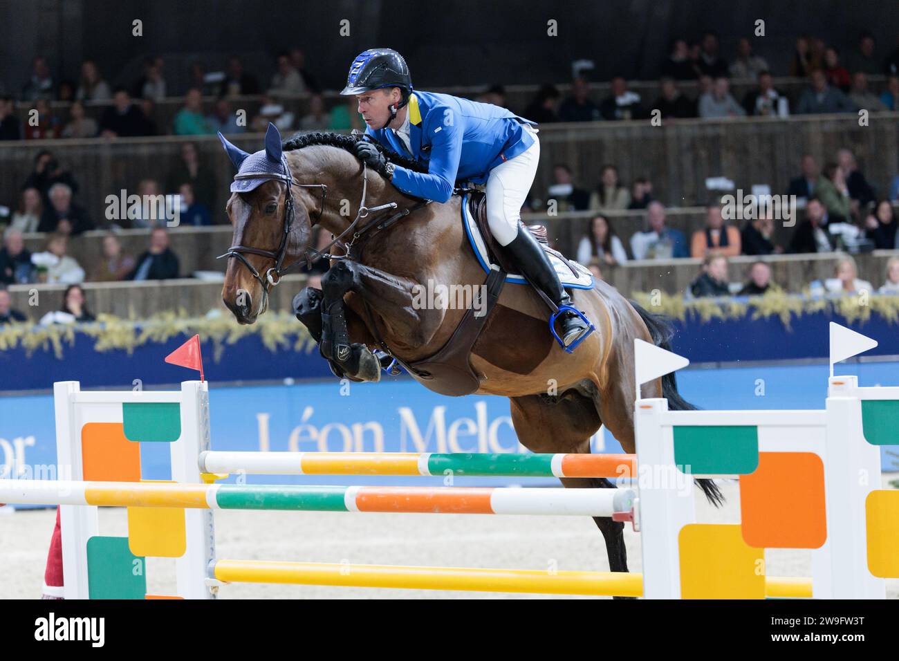 Christian Ahlmann aus Deutschland mit d'Aganix 2000 Z während des Léon Melchior CSI5*-W Springpferdewettbewerbs beim Jumping Mechelen am 27. Dezember 2023, Nekkerhal, Belgien (Foto: Maxime David - MXIMD Pictures) Stockfoto