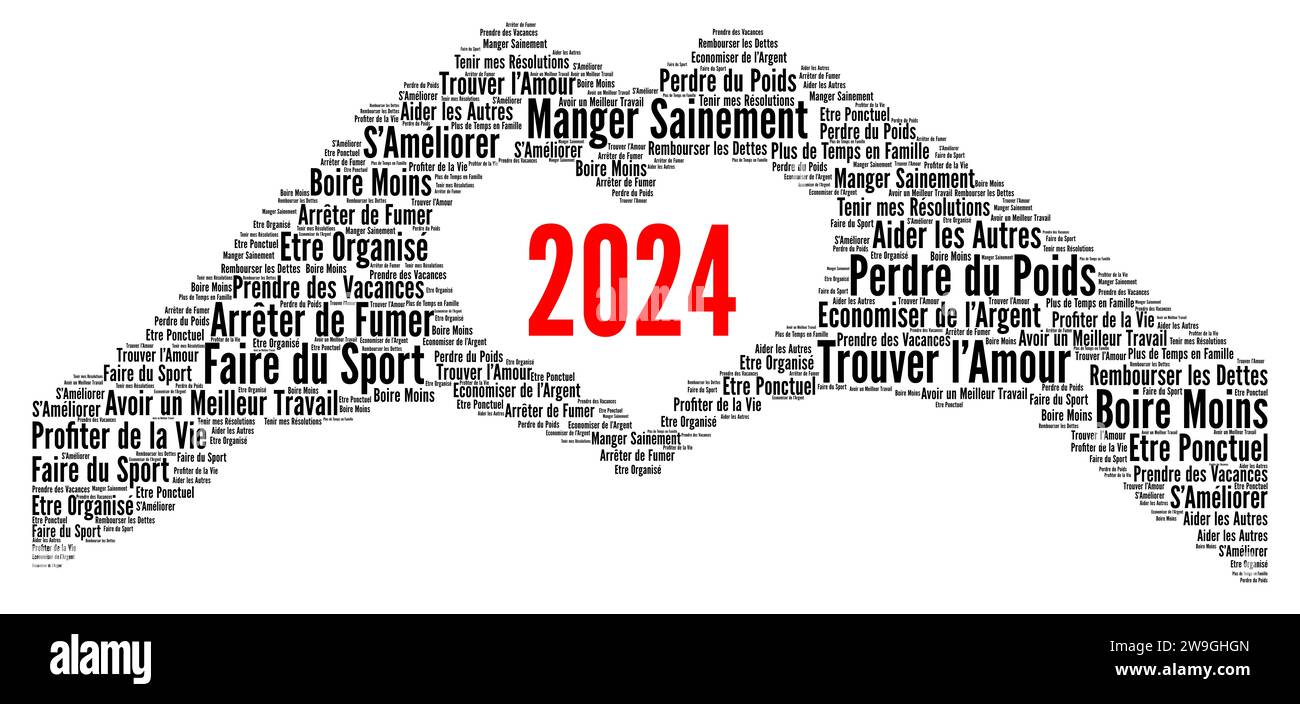 Resolutionen 2024 Word Cloud Konzept in französischer Sprache Stockfoto