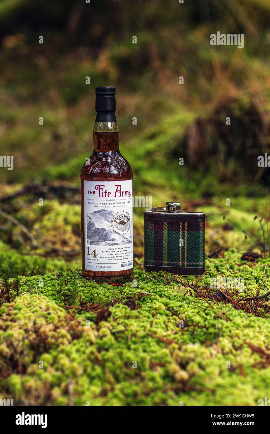 Tartan Hip Flask mit Single Malt Scotch Whisky Flasche steht auf Moos im Wald. Stockfoto
