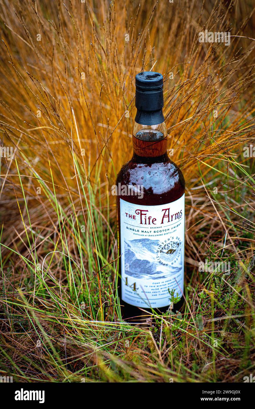 Single Malt Scotch Whisky Flasche steht auf Gras in der Landschaft Stockfoto