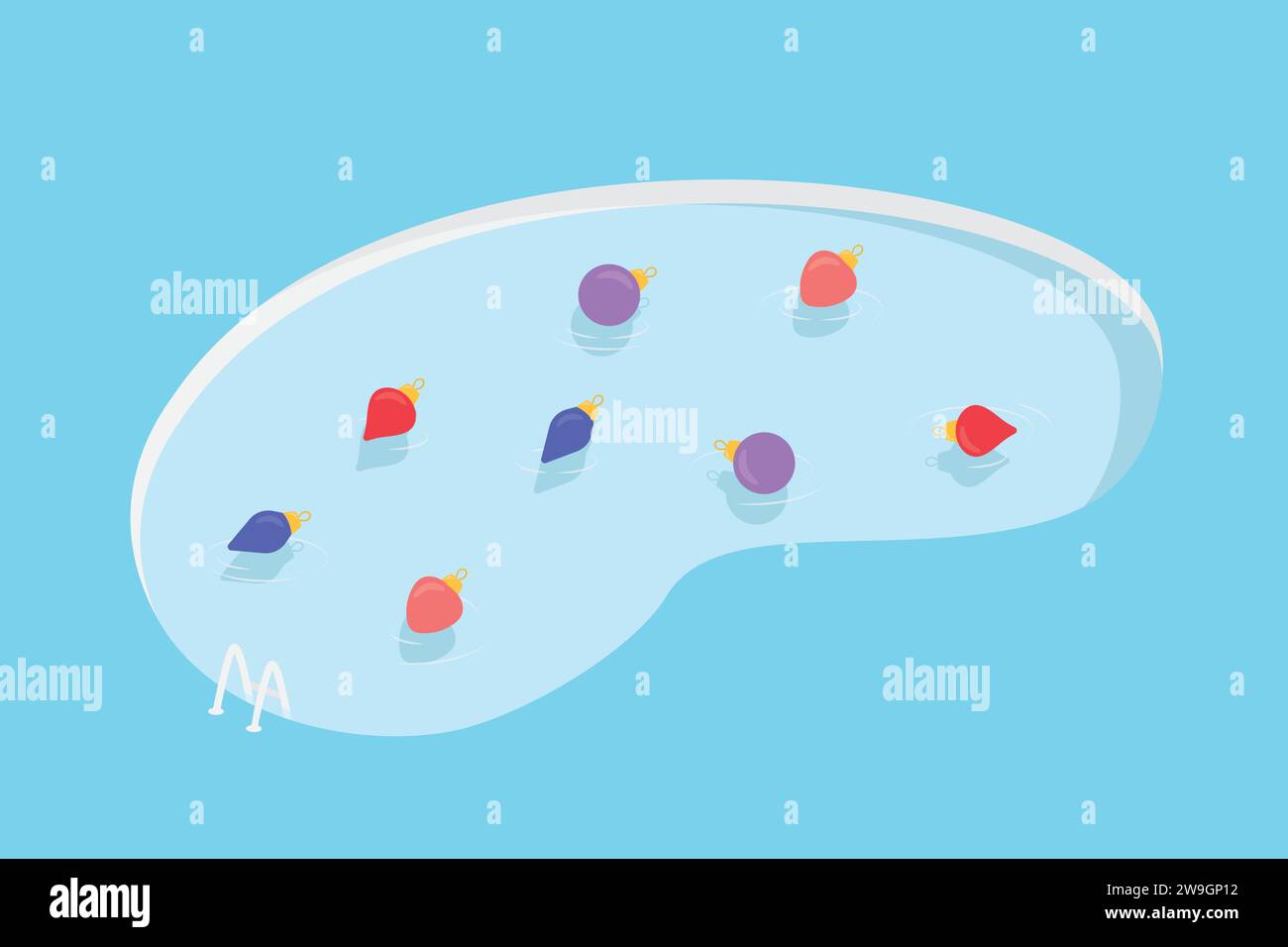 weihnachten auf eine andere Art im tropischen Urlaub verbringen; Schwimmbad mit bunten Kugeln - Vektorillustration Stock Vektor