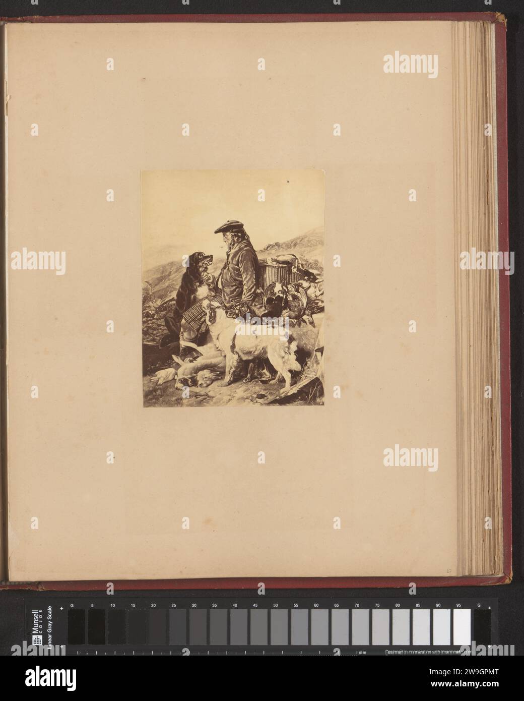 Fotoproduktion eines Gemäldes mit einem schottischen Jäger mit zwei Jagdhunden und seiner Jagd: 1875 Foto dieses Foto ist Teil eines Albums. Fotografische Trägeralbumendrucke verderben die Jagd, das Wild, das Wild. jäger Stockfoto