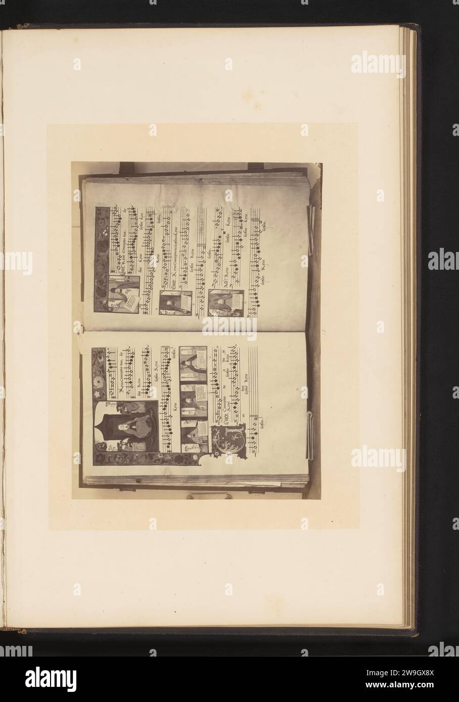 Manuskript auf Pergament, erstellt bei einer Ausstellung über religiöse Objekte aus dem Mittelalter und der Renaissance 1864 in Mechelen, Joseph Maes, 1864 Fotografie Mechelen fotografische Trägeralbumendruckmanuskript der Notenpartitur. Pergament, Pergament (Schreibmaterial) Mechelen Stockfoto