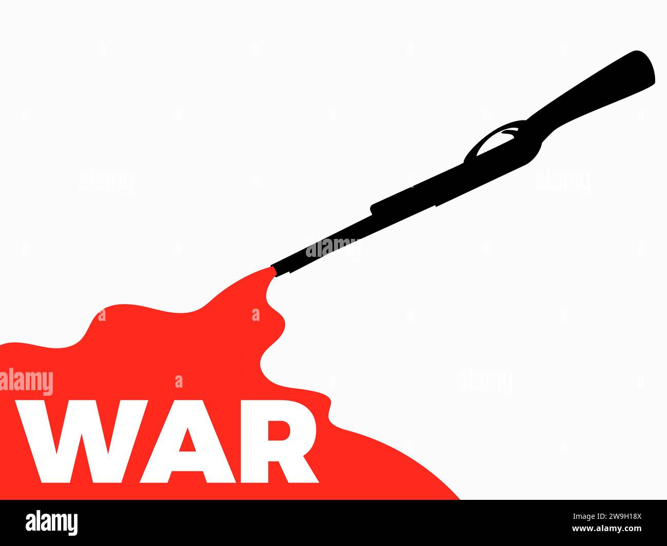 Silhouette einer Schrotflinte mit einem Pool aus Blut und dem Text „Krieg“. Banner mit einem Jagdgewehr und einer Blutlache auf weißem Hintergrund. Desigment Stock Vektor