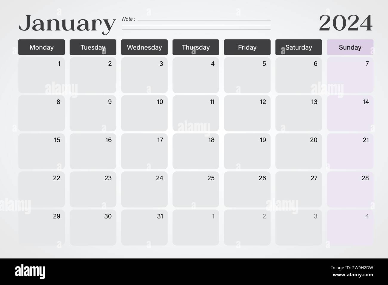 Januar 2024 Kalender- oder Schreibtischplaner in sanften Grau- und Lila-Farben mit leeren Notizzeilen, Wochen beginnen am Montag, Vektor-Illustration Design Stock Vektor
