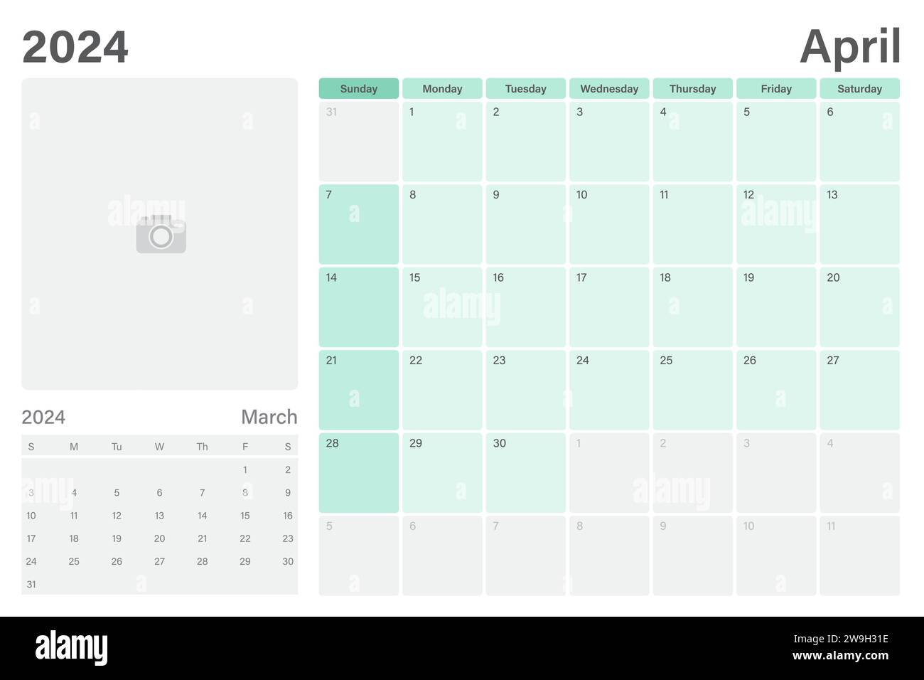 April 2024 Tischkalender oder Tischplaner mit Platz für Ihr Bild, Vektordesign, Wochen beginnen am Sonntag Stock Vektor