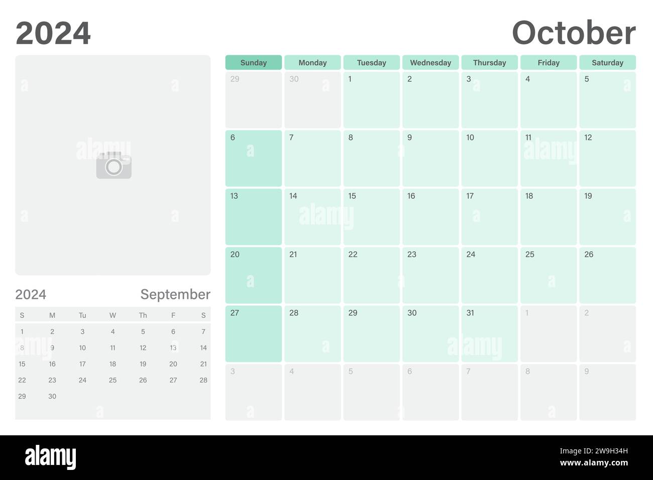 Oktober 2024 Tischkalender oder Tischplaner mit Platz für Ihr Bild, Vektordesign, Wochen beginnen am Sonntag Stock Vektor