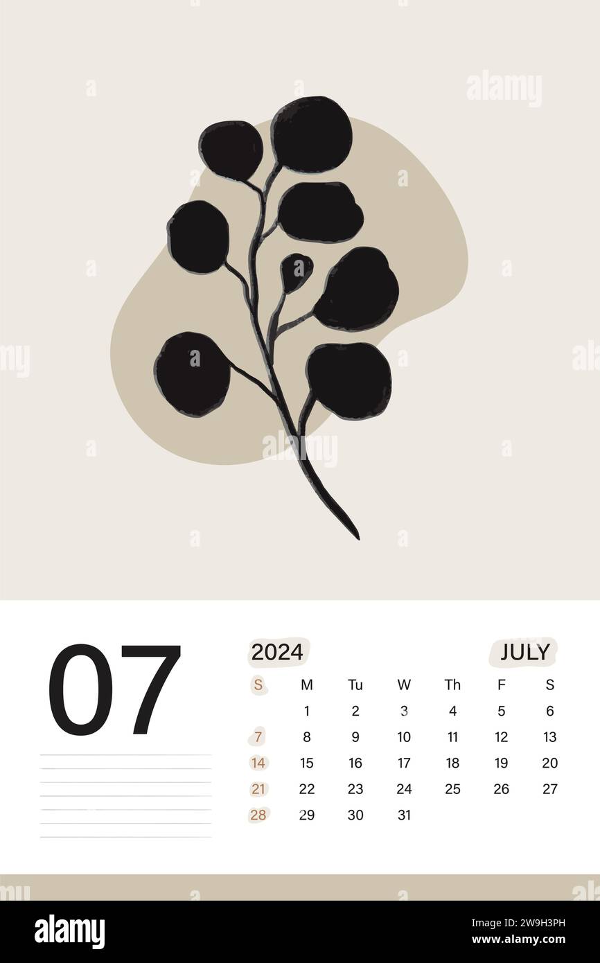 Juli 2024 Wandkalender in weichem Beige Farbthema mit botanischer Kunst, Wochen beginnen am Montag, Vektor-Illustration Design Stock Vektor