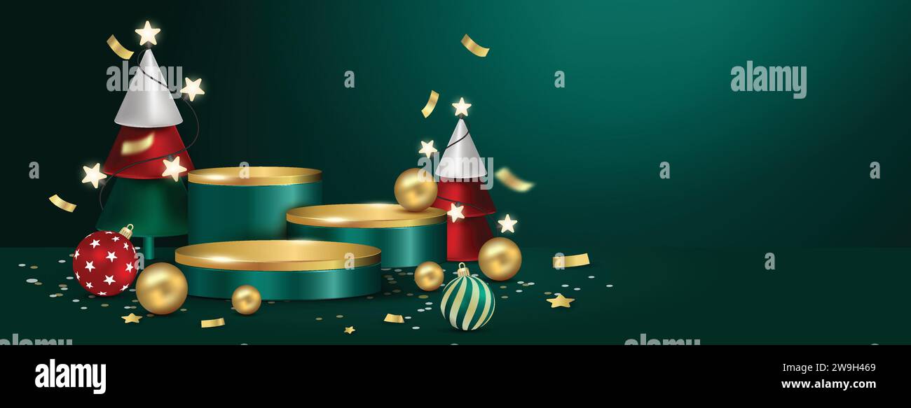 Festliche Weihnachtsbühne Podium Dekoration für Produktanzeige auf grünem Banner Hintergrund, Vektordesign Stock Vektor