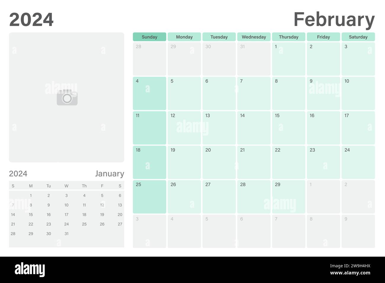 Februar 2024 Tischkalender oder Tischplaner mit Platz für Ihr Bild, Vektordesign, Wochen beginnen am Sonntag Stock Vektor