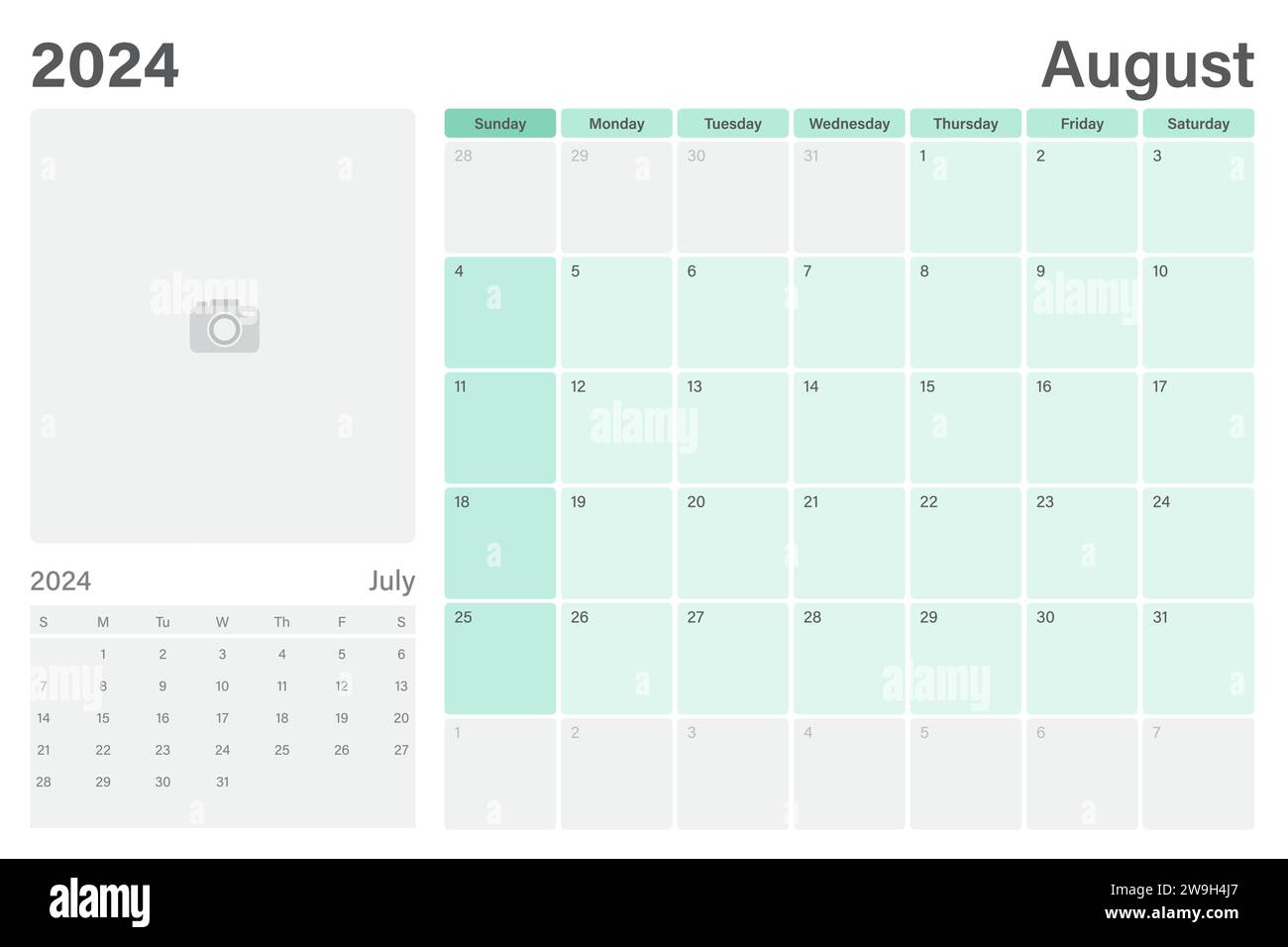 August 2024 Tischkalender oder Tischplaner mit Platz für Ihr Bild, Vektordesign, Wochen beginnen am Sonntag Stock Vektor
