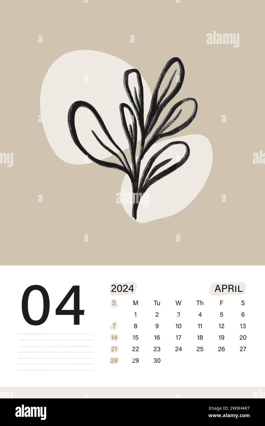 April 2024 Wandkalender in weichem Beige Farbthema mit botanischer Kunst, Wochen beginnen am Montag, Vektor-Illustration Design Stock Vektor