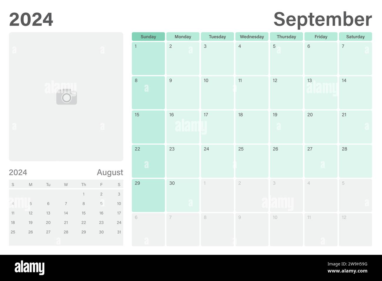 September 2024 Tischkalender oder Tischplaner mit Platz für Ihr Bild, Vektordesign, Wochen beginnen am Sonntag Stock Vektor