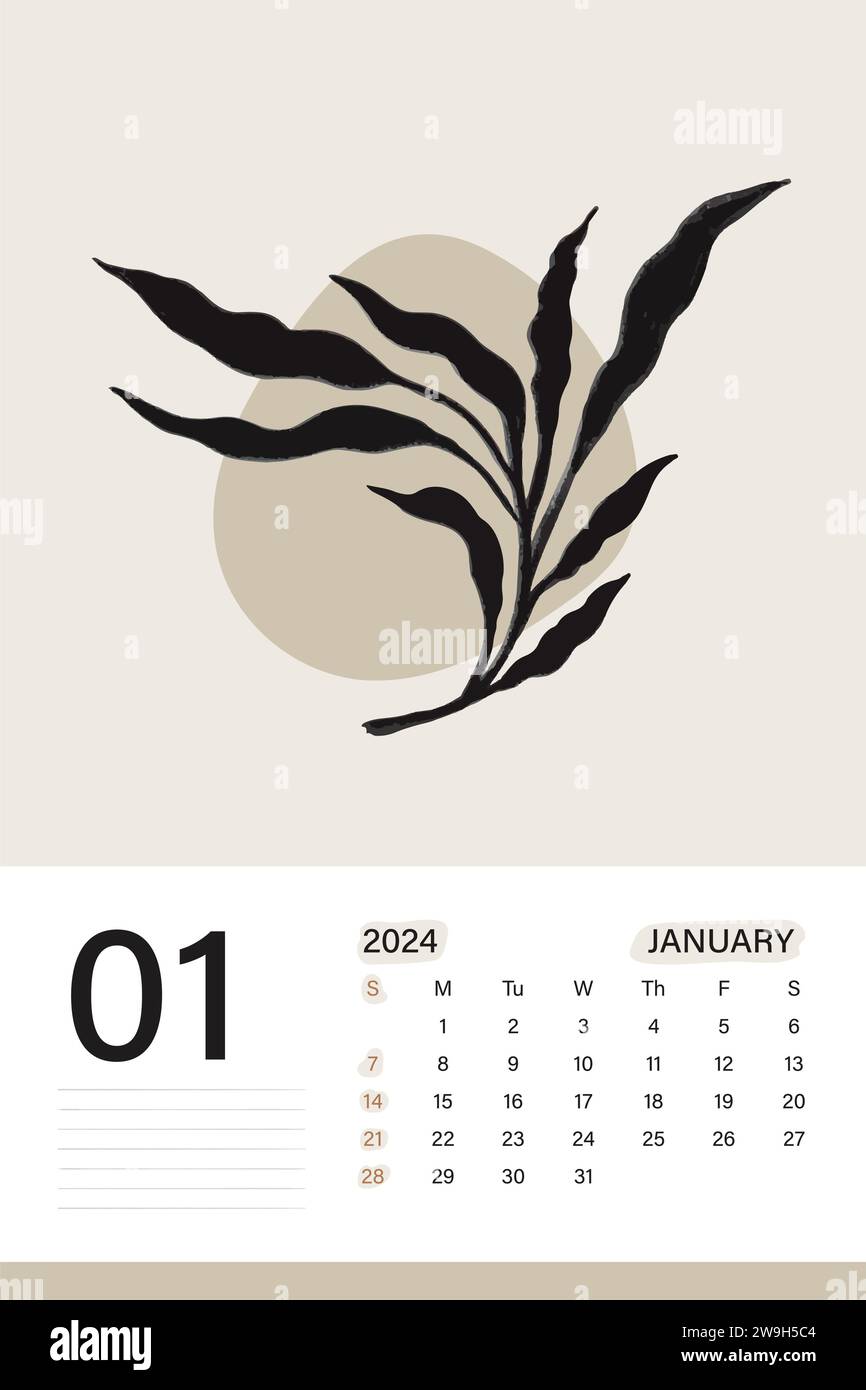 Januar 2024 Wandkalender in weichem Beige Farbthema mit botanischer Kunst, Wochen beginnen am Montag, Vektor-Illustration Design Stock Vektor