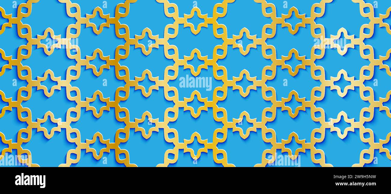 Hintergrund mit arabischem Rich-Muster. Textur des goldenen islamischen Ornaments mit Schatten auf blauem Hintergrund. Vektorabbildung. Stock Vektor