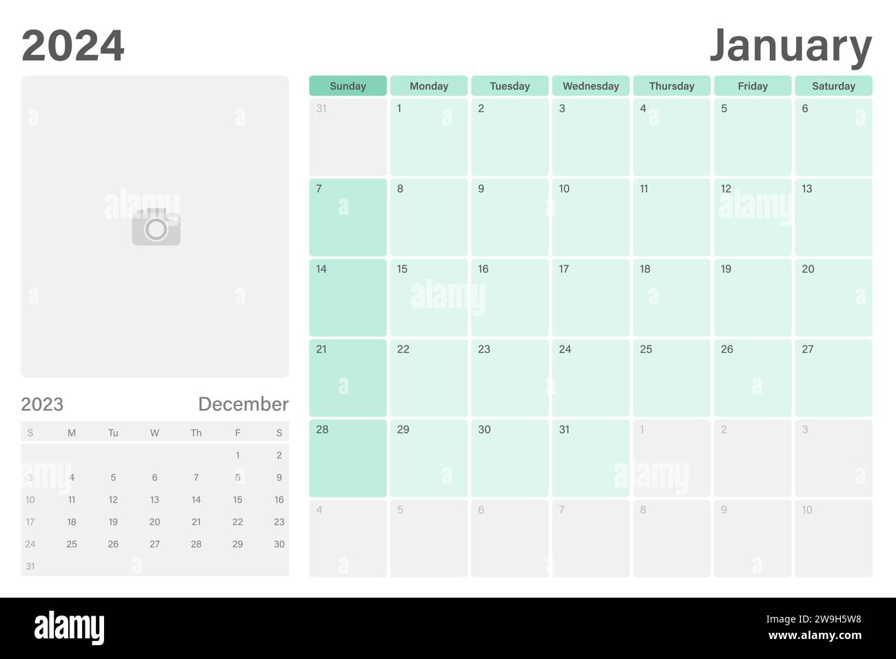 Januar 2024 Tischkalender oder Tischplaner mit Platz für Ihr Bild, Vektordesign, Wochen beginnen am Sonntag Stock Vektor