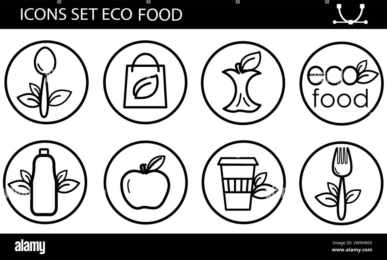 Linie Symbol Set gesundes Essen, veganes Essen. Enthält Icons wie Laktose, Gluten- und zuckerfrei, GVO-frei, Palmöl und mehr, Icons Kollektion Stock Vektor