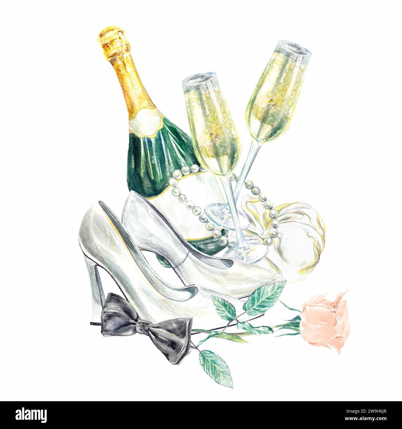 Champagner, Gläser, Flasche, Bräute Schuhe, Bräutigam Fliege, Aquarell, isoliert auf weißem Hintergrund. Hochzeitseinladungen, Briefe, Karten, Poster. Stockfoto