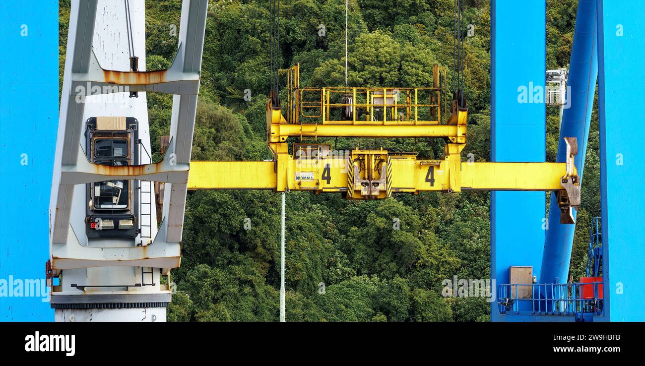 Der Ausleger und die Steuerkabine eines Krans auf dem Containerschiff ALS Sabine verschmilzt scheinbar mit der Streuschiene eines Port Chalmers (NZL) Containers Stockfoto