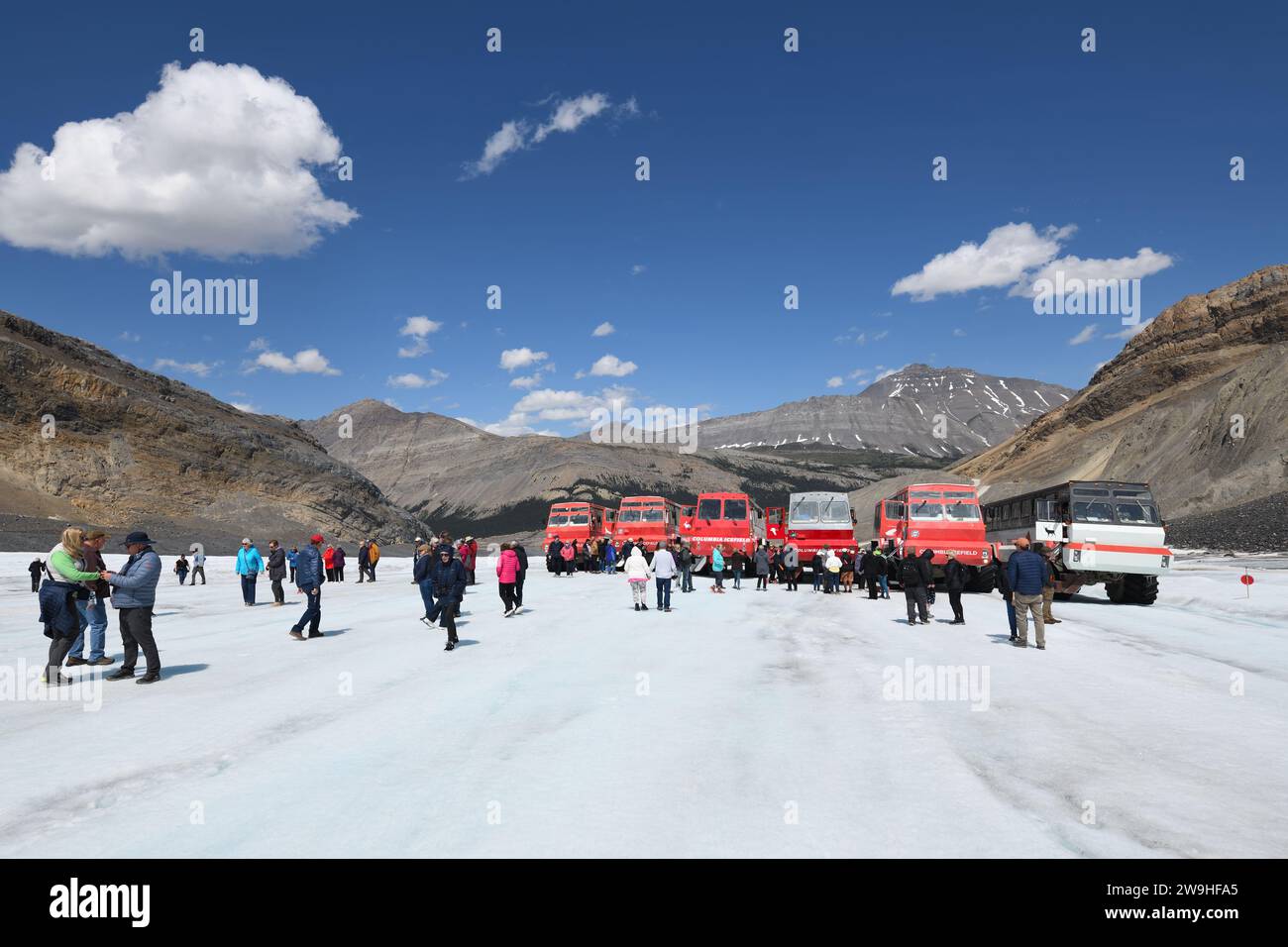 Schneemobile und Besucher in einem zugänglichen Gebiet der Columbia Ice Fields in Alberta, Kanada Stockfoto