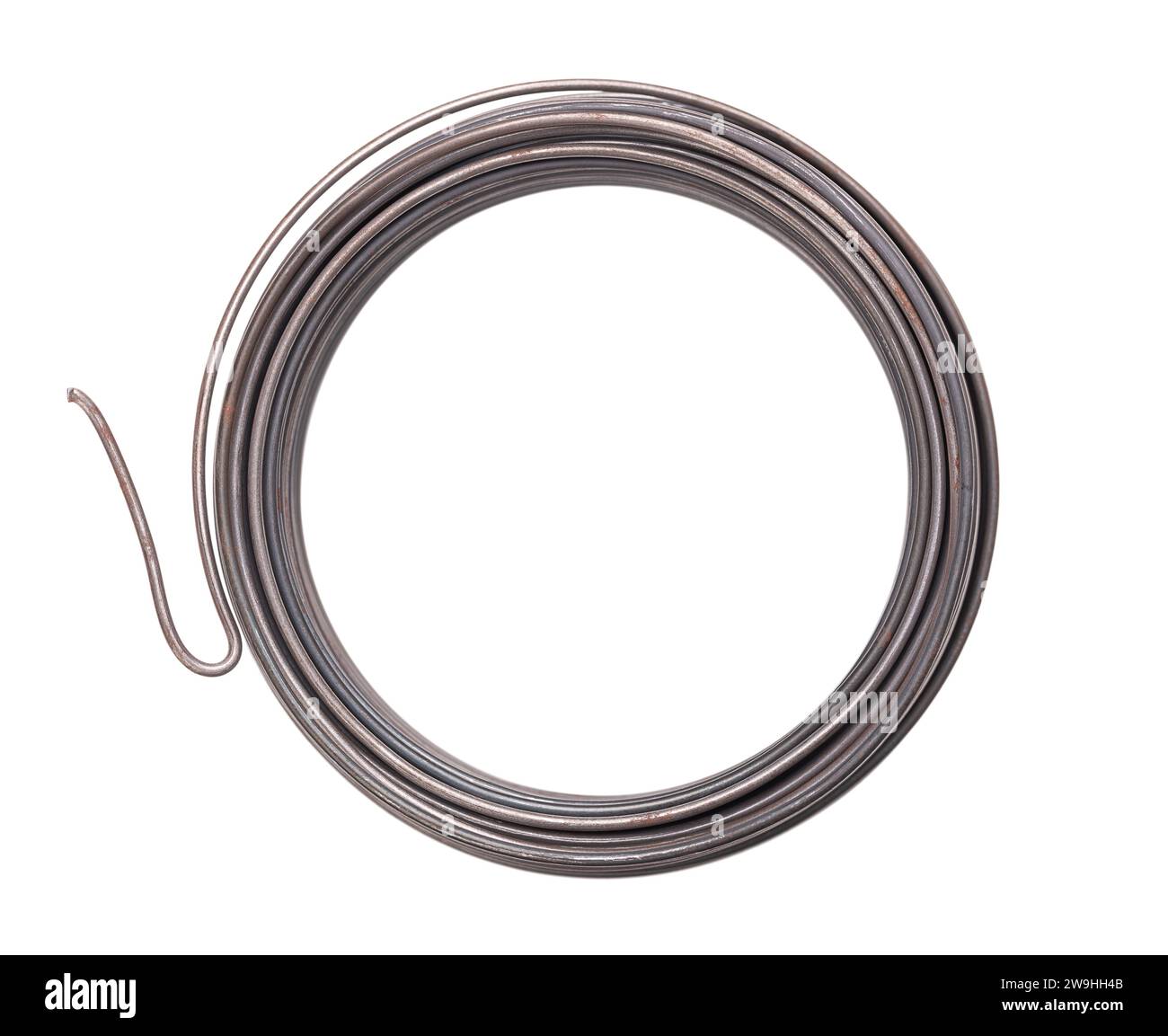 Eisendrackrolle von oben. Gewalzter Eisendraht aus reinem, geglühtem Eisen mit einem Durchmesser von 2 mm. Flexibel, stabil, universell und vielseitig. Stockfoto
