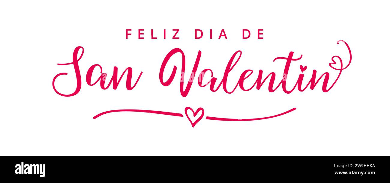 Feliz Dia de San Valentin elegante rosa Kalligraphie. Happy Valentines Day Text auf spanisch mit Herzteilung. Handgezeichneter Schriftzug zum Valentinstag Stock Vektor