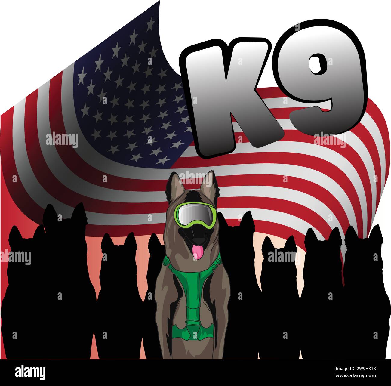 ILLUSTRATION KRIEGSHUND BELGISCHER SCHÄFERHUND MALINOIS MIT US-FLAGGE Stock Vektor