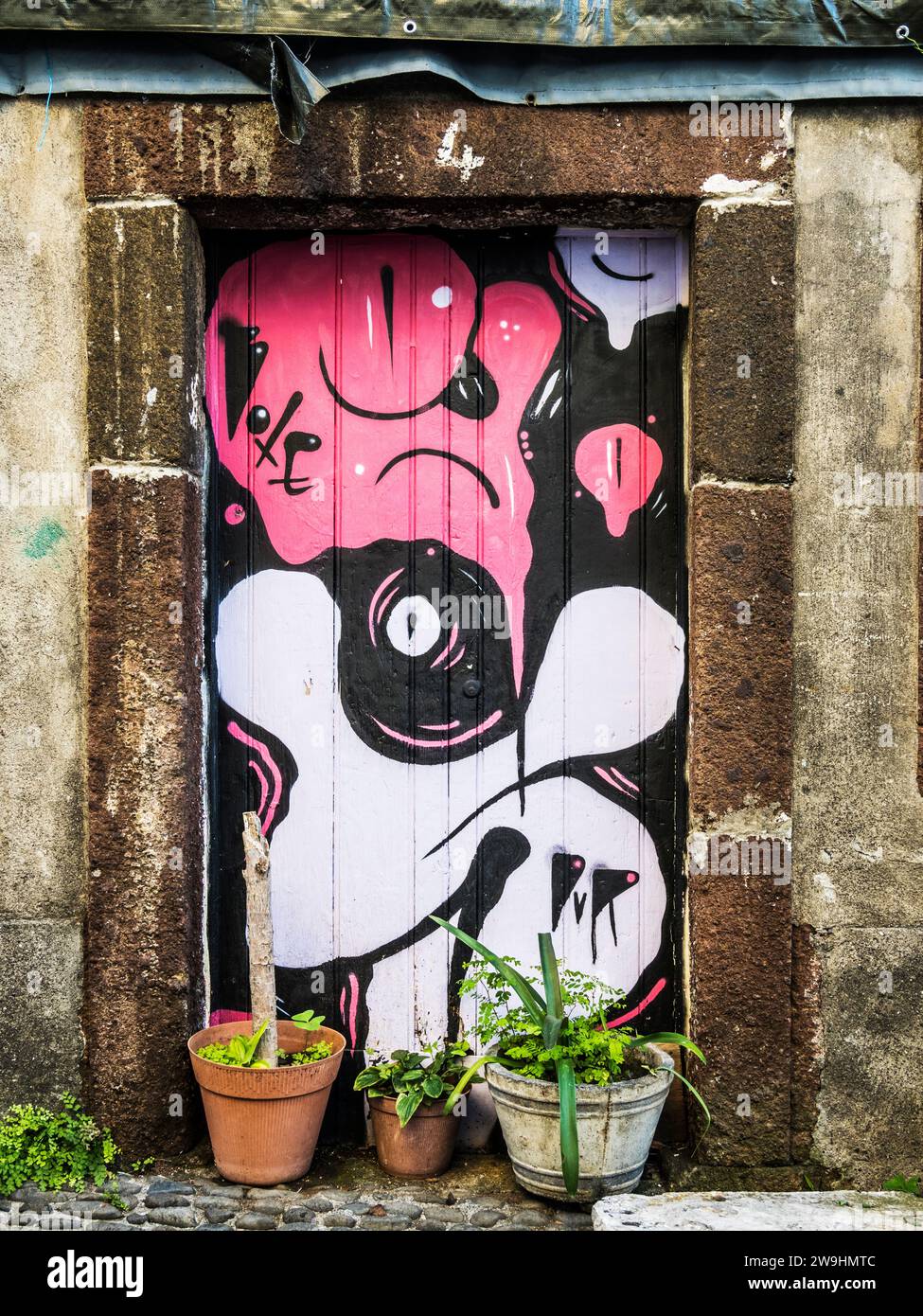 Eines der Kunstwerke an einer Tür in der Zona Velha in Funchal, Madeira. Stockfoto