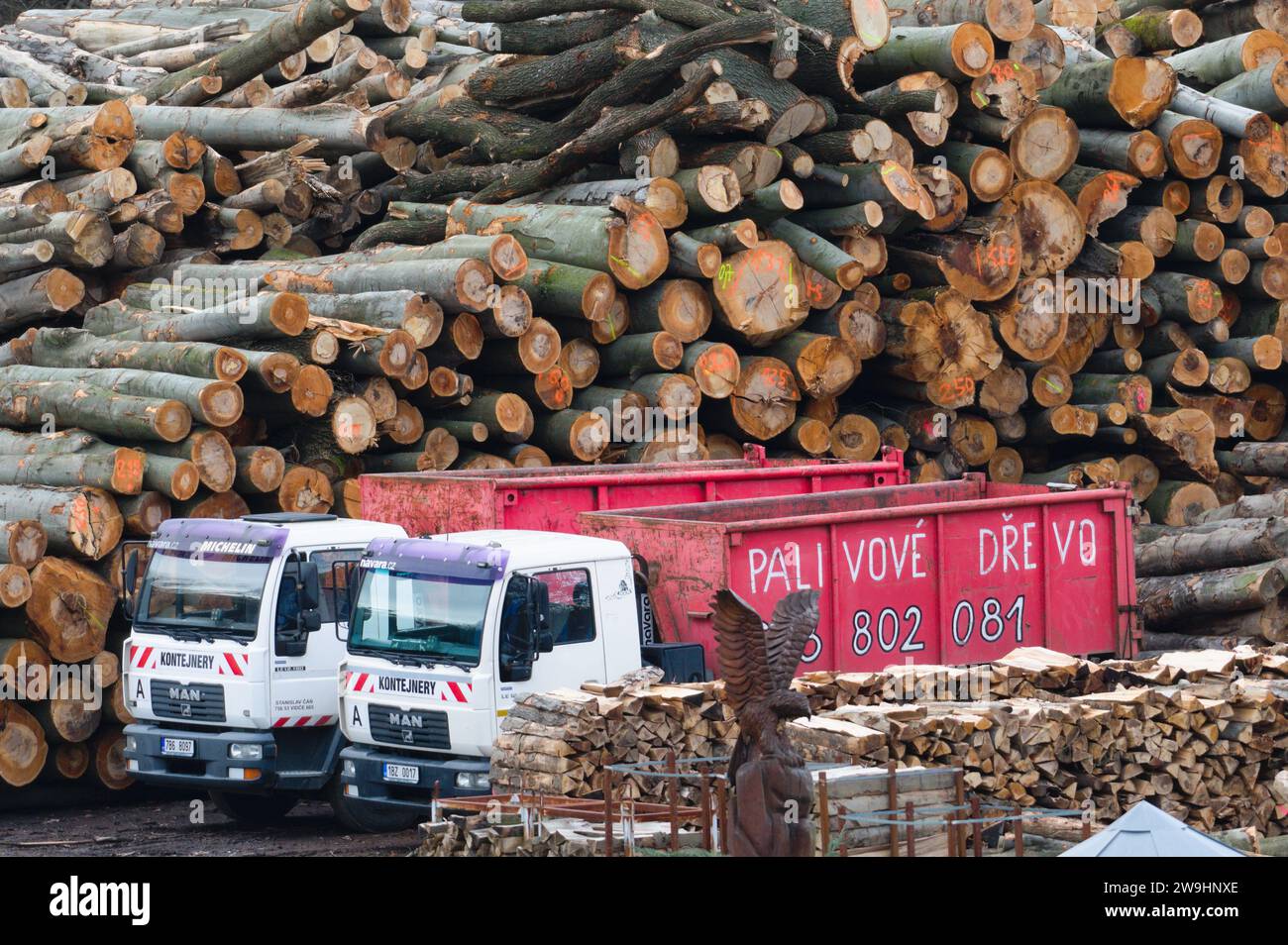 Lagerung von Brennholz und zwei Kipper. Erhöhung der Preise für Kraftstoff und Energiekonzept. Ökologisches Konzept. Stockfoto