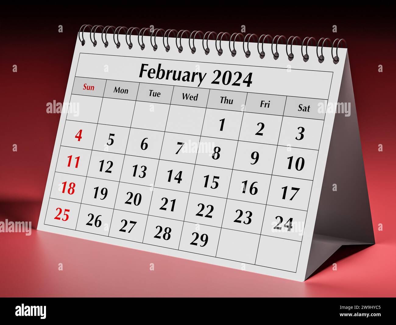 Februar 2024-Kalender. Eine Seite der jährlichen Kalender des Business Desk. 3D-Rendering Stockfoto