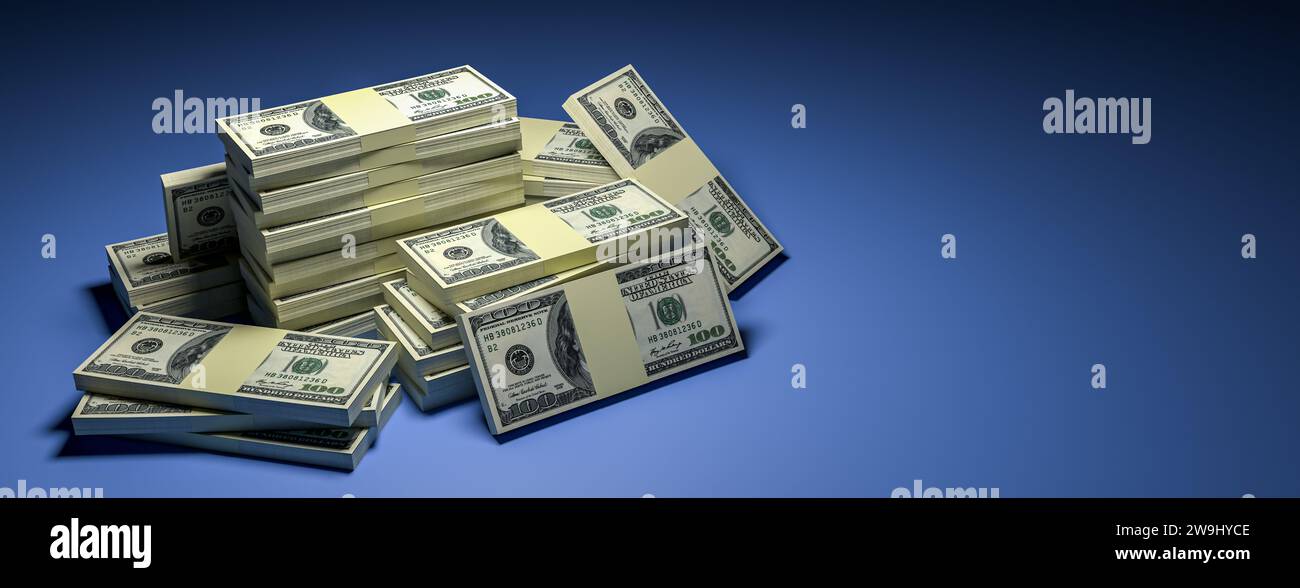Große Geldstapel aus US-Dollar mit leerem Hintergrund. Dollarfinanzierung konzeptionell. 3D-Rendering Stockfoto