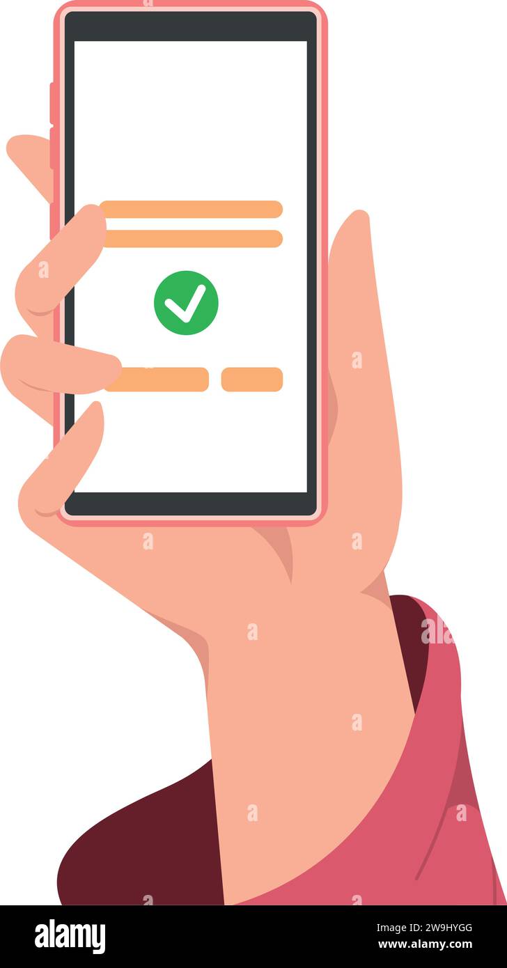 Isolierte Hand, die ein Smartphone mit Check App Vector hält Stock Vektor