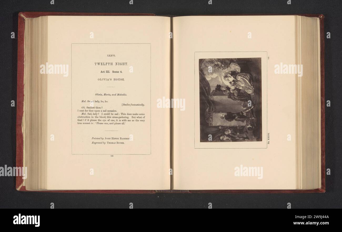 Fotoproduktion von einem Druck zu einem Gemälde von Johann Heinrich Ramberg, vorgeschlagen eine Szene vom Dreikönigsabend von William Shakespeare, Stephen Ayling, nach Thomas Ryder (I), nach Johann Heinrich Ramberg, um 1854 - in oder vor 1864 Foto kann man Urkunde III, Szene 4 mit Olivia sehen, Maria und Malvolio im Haus von Olivia. London fotografische Trägeralbumen drucken spezifische Werke der Literatur Stockfoto