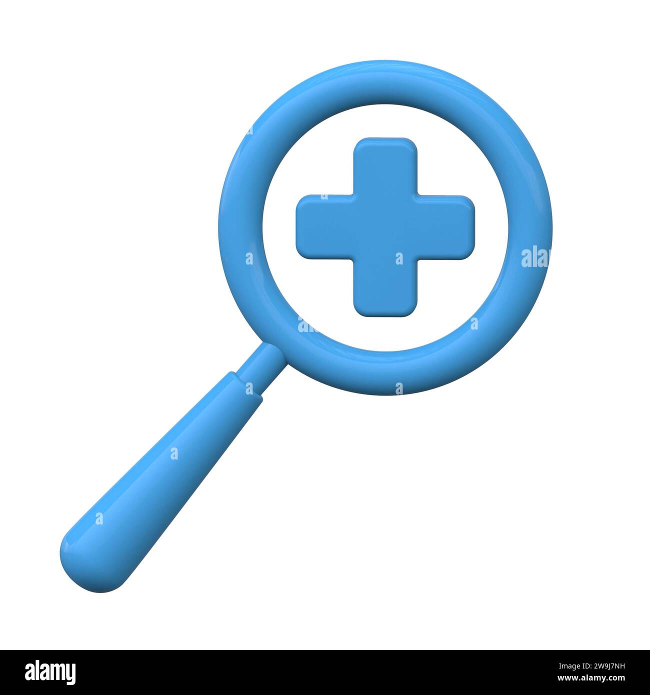 3D-Lupe mit Linse auf weißem Hintergrund. Forschungs- und Bildungskonzept. Lupe zum Zoomen und Analysieren. Volumenkörperdarstellung rendern. Stockfoto