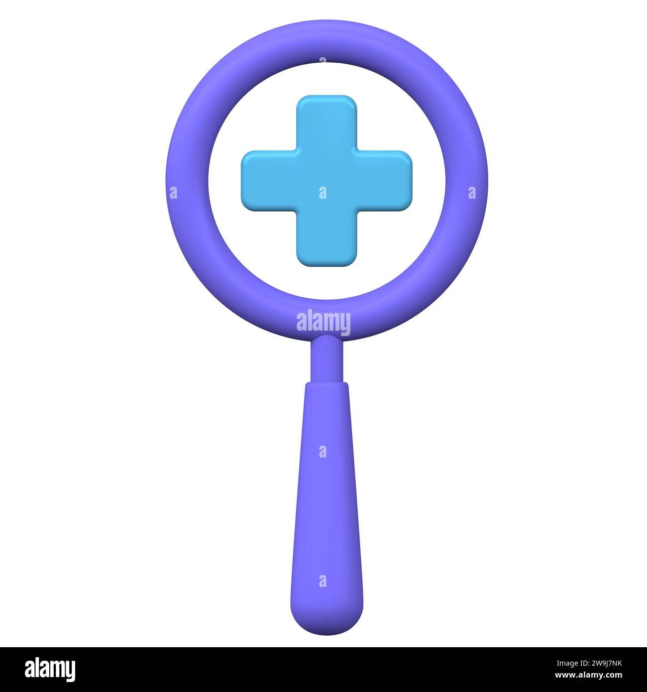 3D-Lupe mit Linse auf weißem Hintergrund. Forschungs- und Bildungskonzept. Lupe zum Zoomen und Analysieren. Volumenkörperdarstellung rendern. Stockfoto