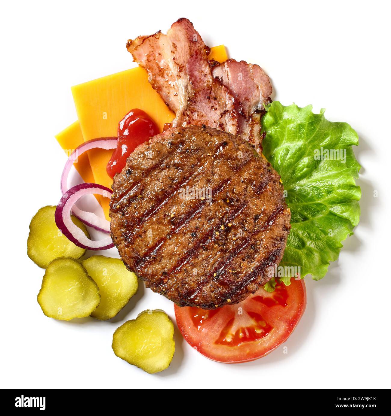 Zusammensetzung verschiedener Burger-Zutaten isoliert auf weißem Hintergrund, Draufsicht Stockfoto