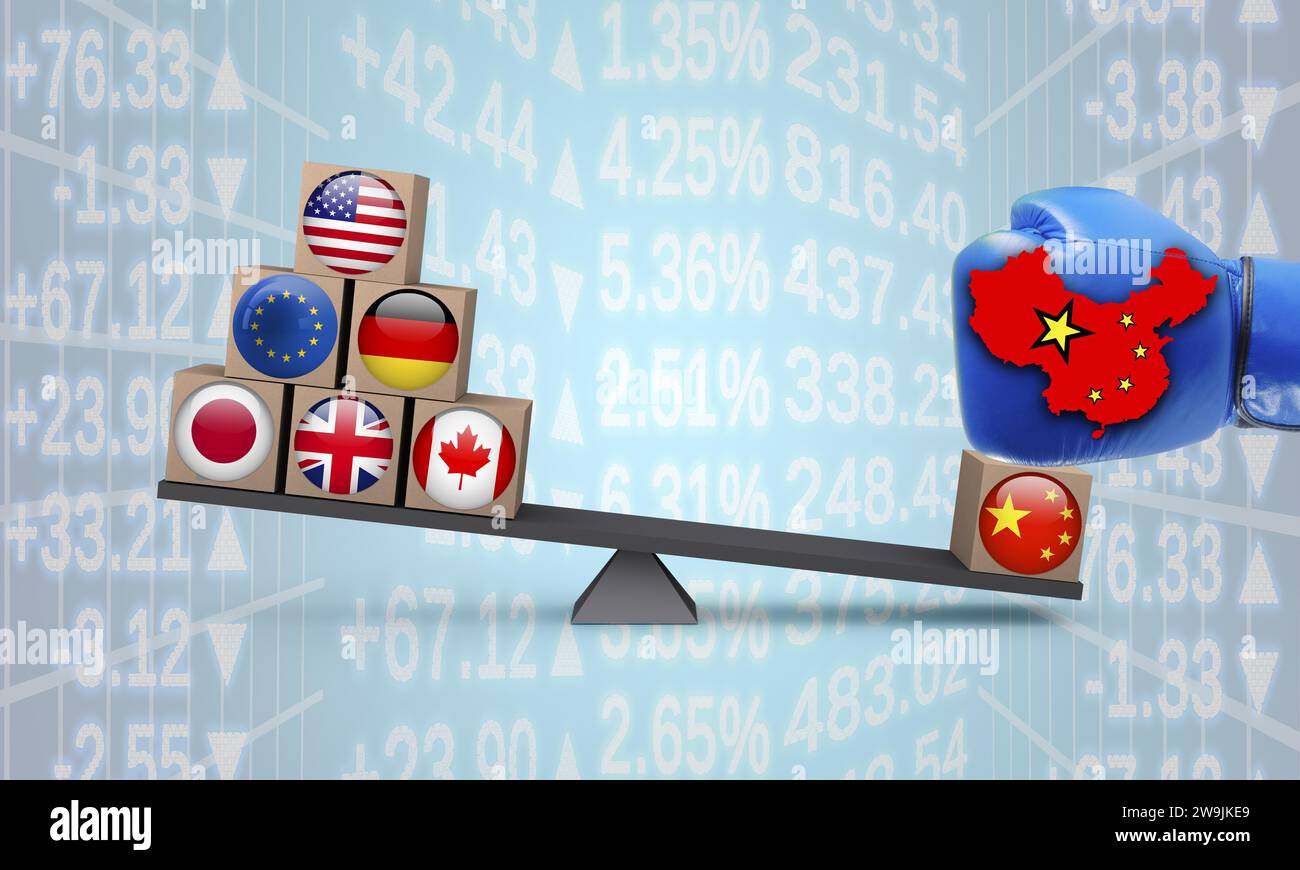 Symbolisches Image, zerbrechliche Allianzen, China gegen USA-EU-Japan, westliches Wertesystem, Weltbörsen, Protektionismus, Kommunismus, Freiheit Stockfoto