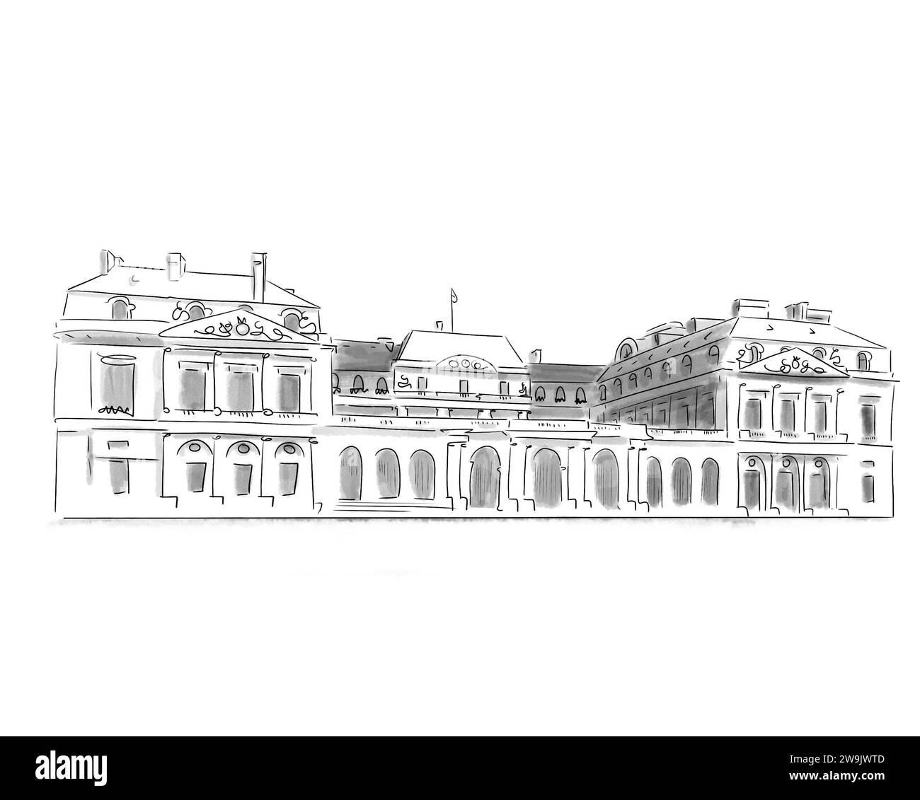 Illustration en noir et blanc de Monument de Paris, Palais Royal Stockfoto