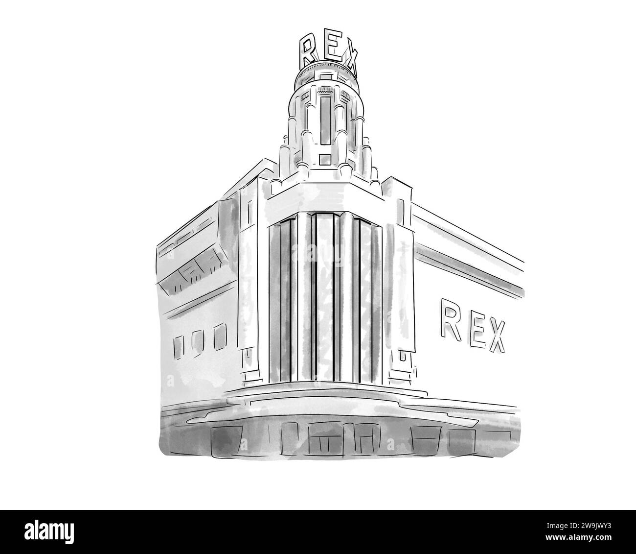 Illustration en noir et blanc de Monument de Paris, Le Grand Rex Stockfoto