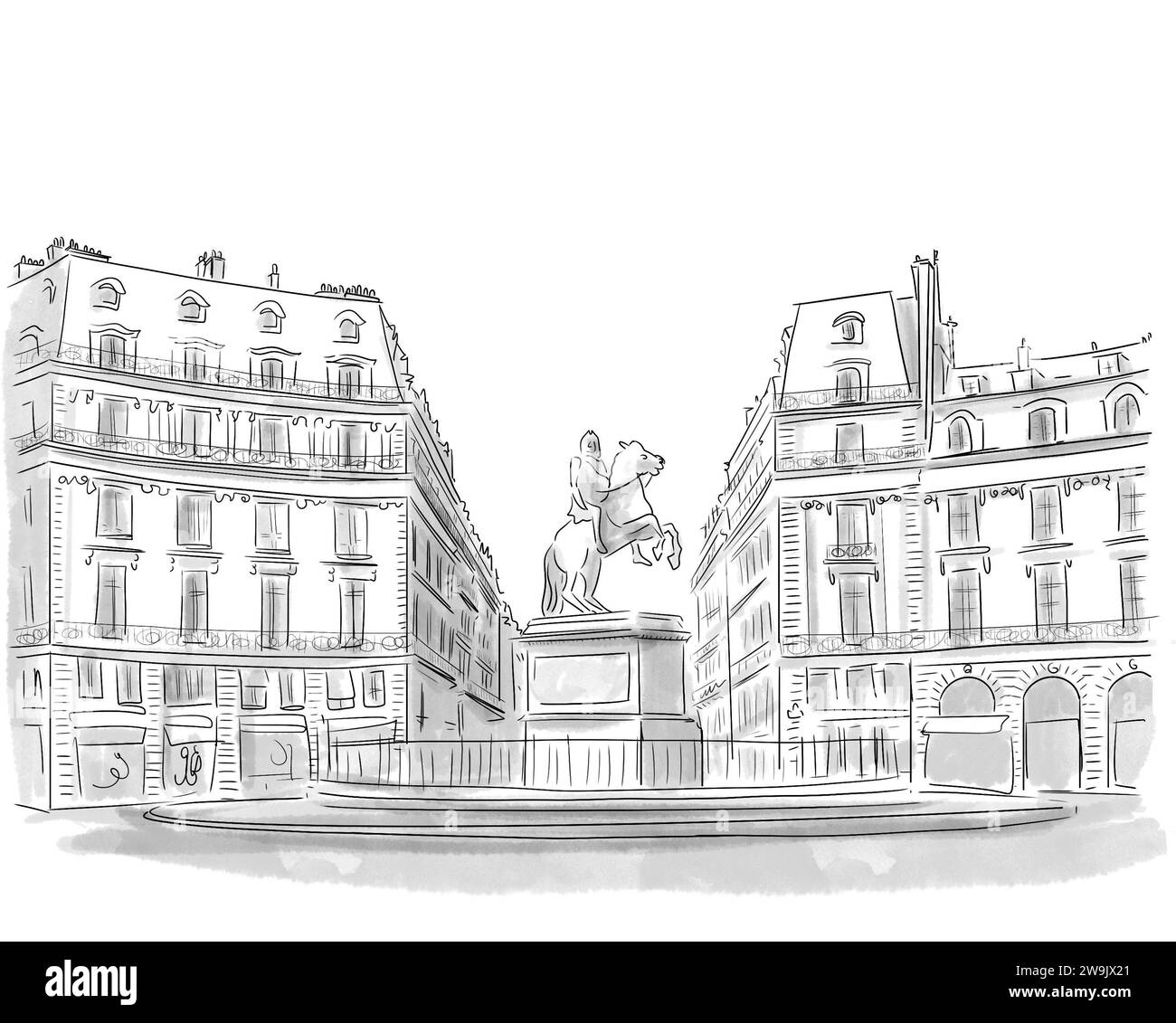 Illustration en noir et blanc de Monument de Paris, Place de la victoire Stockfoto