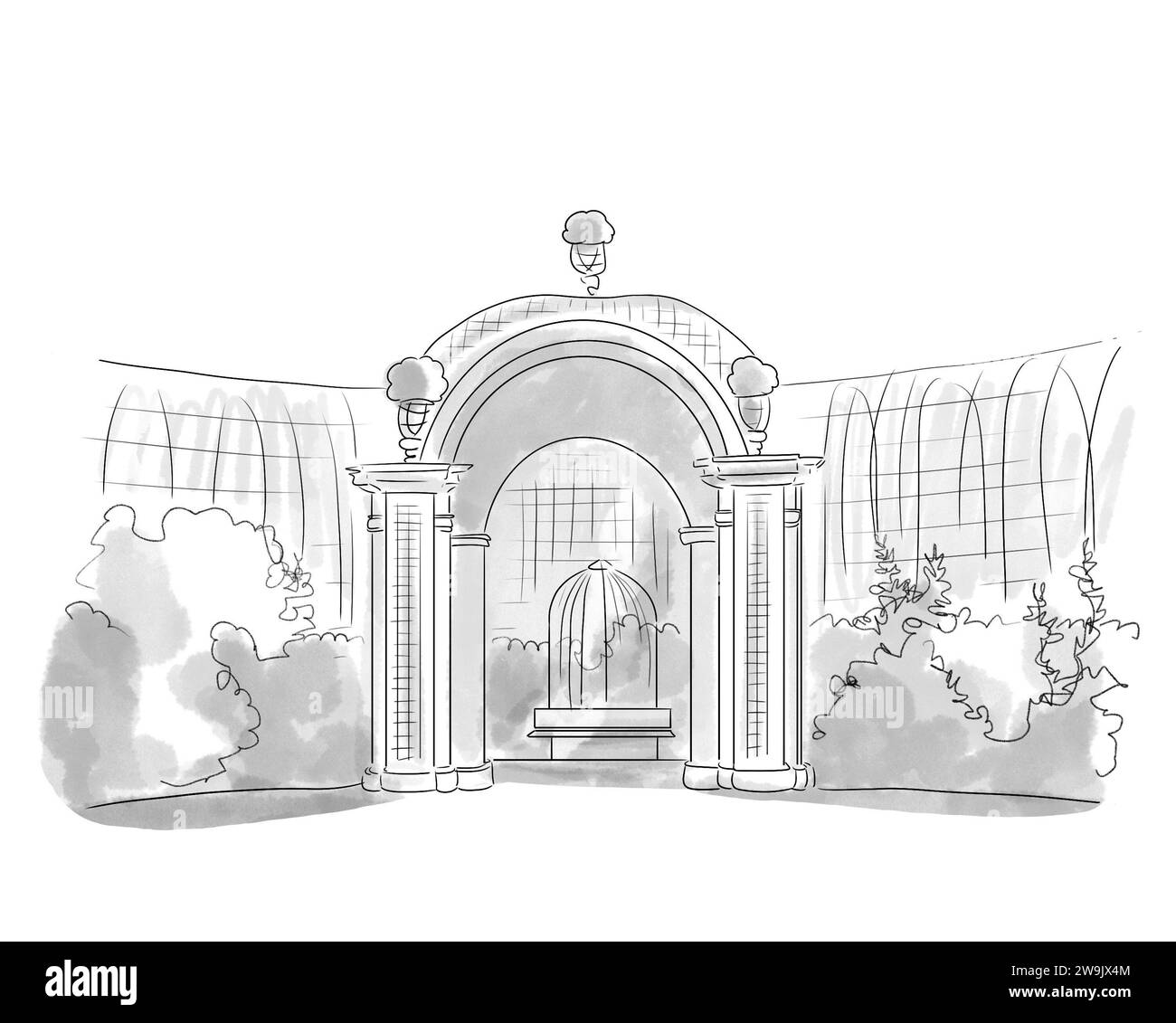 Illustration en noir et blanc de Monument de Paris, Jardin d'Anne Frank Stockfoto