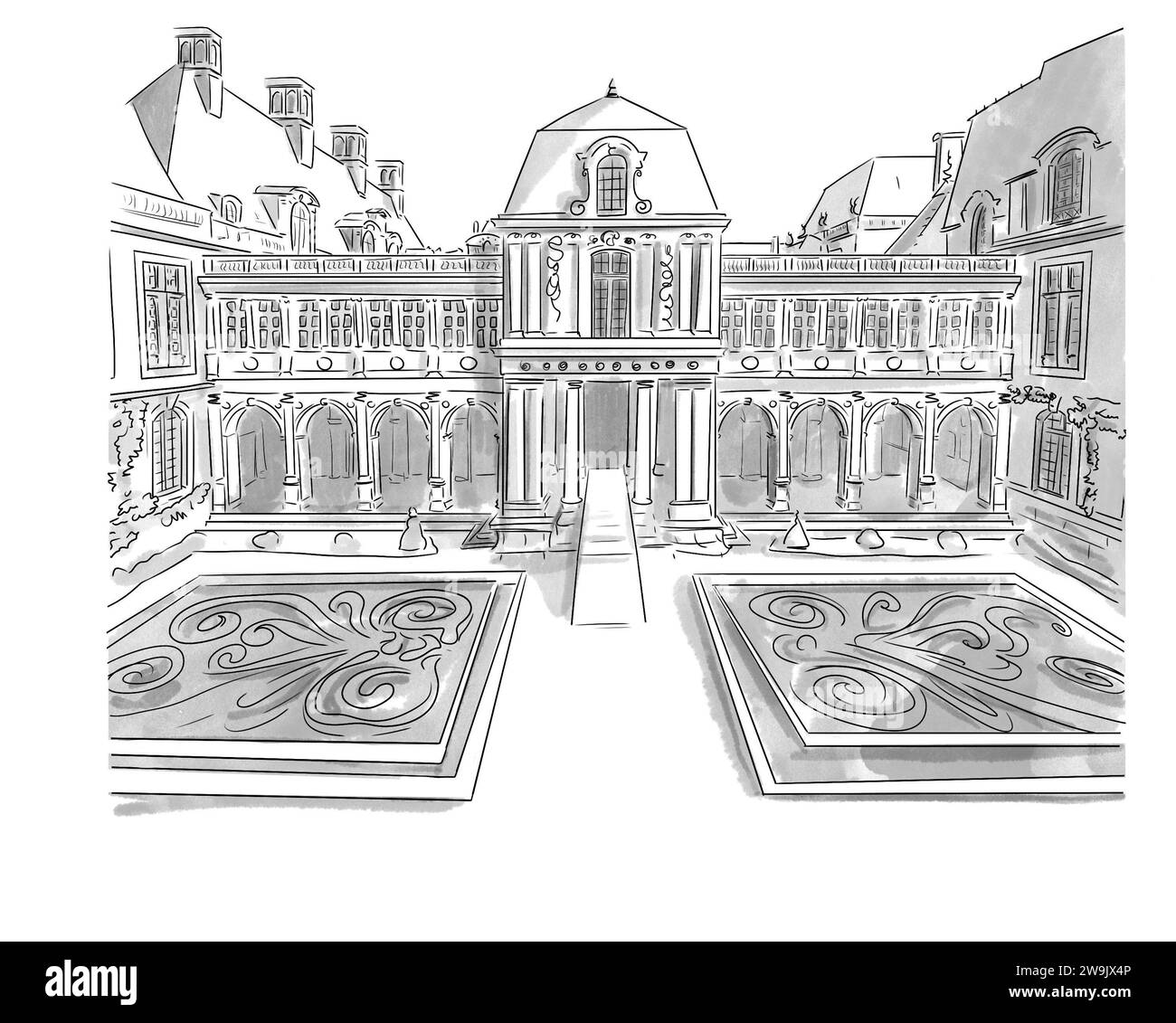 Illustration en noir et blanc de Monument de Paris, Musée Carnavalet Stockfoto